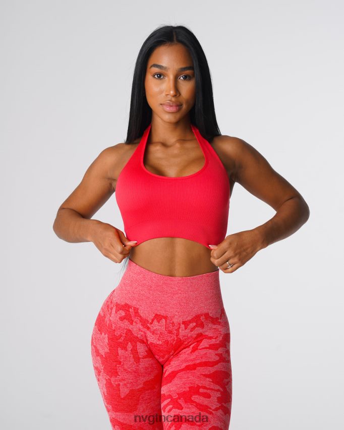 NVGTN Fitness Women Limitless Ribbed Seamless Halter Bra Candy Apple HJXFTJ137